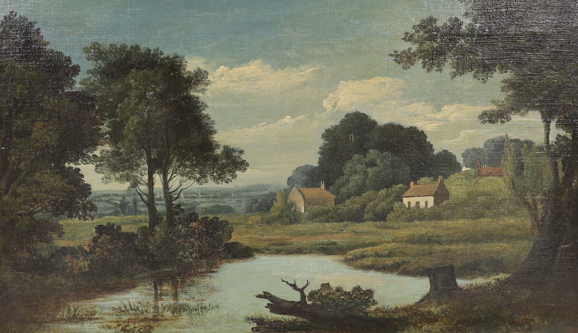 19th century Continental School, oil on canvas, River landscape, 35 x 58cm, unframed